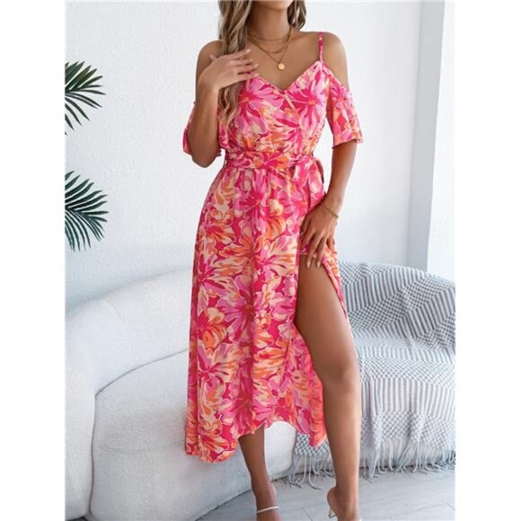 Printed Cold Shoulder Midi Cami Dress - Picture 7 of 15
